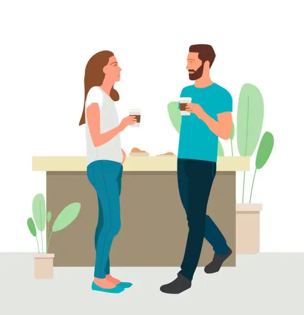 Vector illustration of Business conversation illustration. A male office worker and a female office worker are drinking coffee and talking during a break. Coffee take away