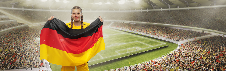 Collage with young astonished girl with german national flag supports favorite team at crowded stadium. Soccer fans emotions, competition, sport, championship concept.