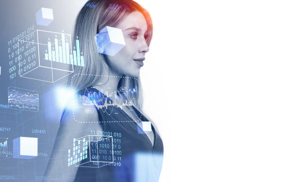 istock Businesswoman profile and blocks in cyberspace, virtual reality. Copy space 1408000154