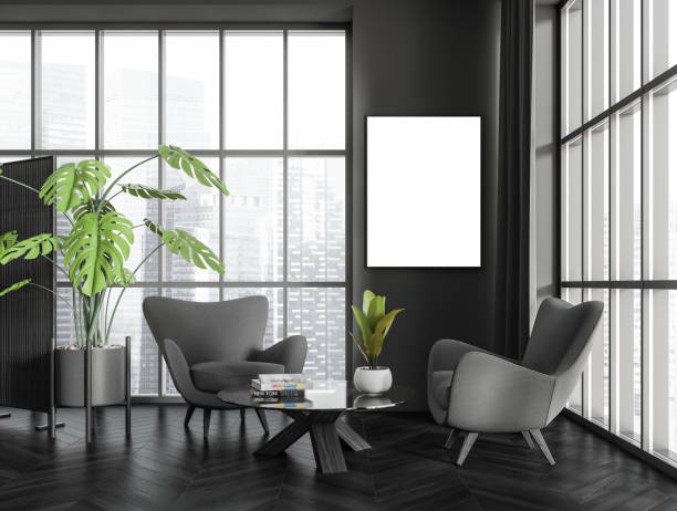 istock Grey relax room interior with seats and coffee table, window and mockup canvas 1408000202