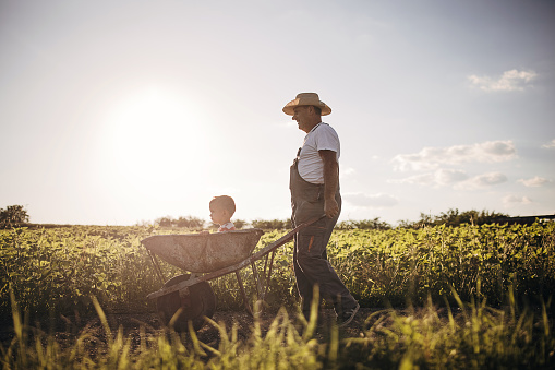 Girl and boy having fun in a haystack. Summertime in the country. Cute children on the field. Happy childhood  concept.