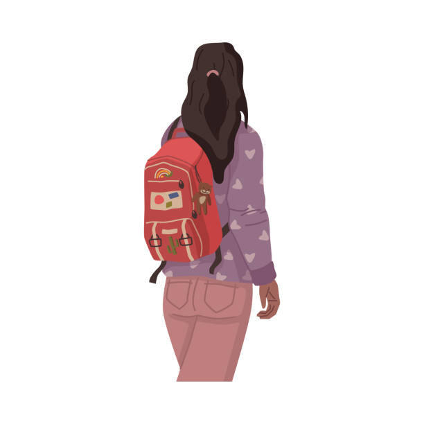 Highschool woman student with backpack, back view of woman from college or university. Vector brunette fashion lady with knapsack, girl traveler rear view Highschool woman student with backpack, back view of woman from college or university. Vector brunette fashion lady with knapsack, girl traveler rear view satchel bag stock illustrations