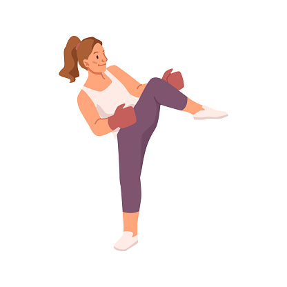 Beautiful young girl kicking with leg isolated flat cartoon character doing boxing exercises. Vector cute female boxer wearing red boxing gloves holding her fists in defensive position