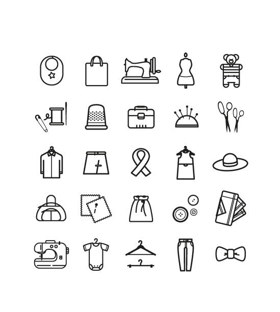 set of sewing themed symbols series of pictograms for seamstresses, website customization, brand identity for haberdashery, sewing workshop, fashion sector, creation and production of clothing fashion studio stock illustrations