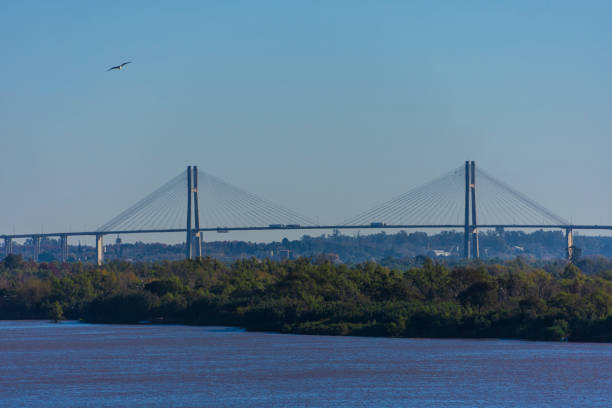 Our Lady of the Rosary Bridge is the official name of the Rosario-Victoria Bridge That connects  the Argentine cities of Rosario (province of Santa Fe) and Victoria (province of Entre Ríos). On this photo it can be seen the main Bridge section of 608 metters, and some more. The photo was taken from the center cost of the Rosario city, on a sunny morning day. Photo taken on Jane 17, 2022. Rosario city, Santa Fe province, Argentina.