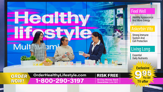 TV Show Infomercial: Female Host, Expert, Doctor Talk Present Mock-up Beauty Products Boxes, Health Care Supplements, Cosmetics. Playback Television Commercial Advertisement Program on Cable Channel