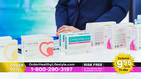 TV Show Commercial Infomercial: Female Experts Picks Up Presents Health Care Medical Vitamin Supplement Products. Playback Television Advertisement Cable Channel. Mockup Broadcast Network Playback