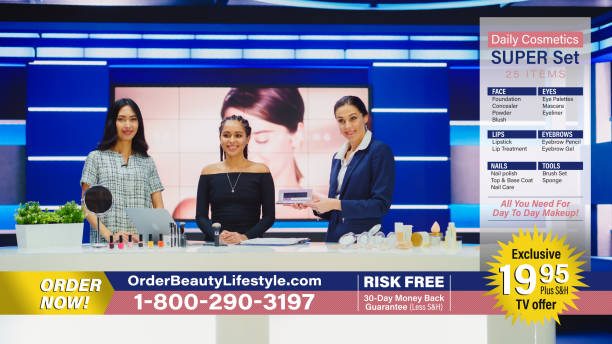 istock TV Infomercial Program: Female Host, Makeup Artist uses Eyeshadow Palette on Beautiful Model, Present Products, Cosmetics. Playback Television Commercial Advertisement Cable Channel. Static Wide Shot 1408001695