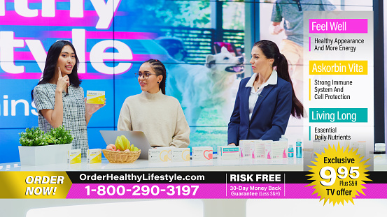 TV Talk Show Infomercial: Female Professionals Present Mock-up Beauty Products, Talk to Audience. Experts, Doctor Talk Health Care Supplements, Cosmetics. Playback Television Advertisement Commercial
