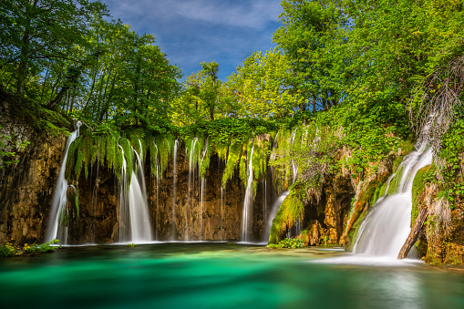 beautiful falling waterfall in the Karkonosze (Krkonoše, Giant Mountains) mountains