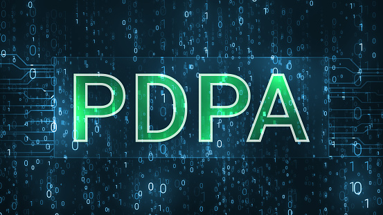 PDPA Personal Data Protection Act Cyber Security in Matrix Binary Code Random Number Falling Background. Analytics Source Code Program Technology Screen