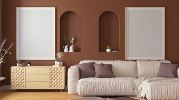 istock Retro Living Room with Two Emptry Picture Frames Sofa and Console 1408003988