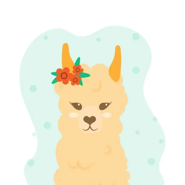 Vector illustration of Cute llama in love with flowers on her head. Flat style vector. Postcard with peas and cute animals. Suitable for children's illustrations and t-shirt printing.