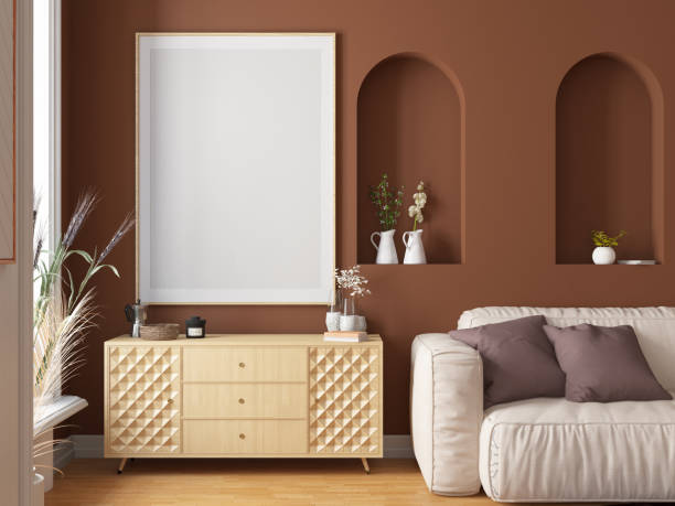 istock Boho Style Living Room With Empty Picture Frame on Beige Wall 1408004851