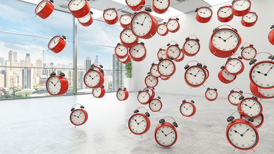 Red Alarm Clocks Floating in the Air. 3D Render