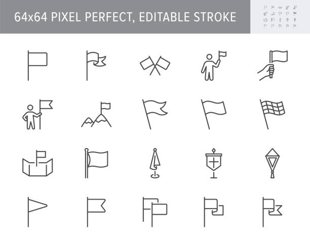 flagi ikon linii. ilustracja wektorowa zawiera ikonę - proporczyk, falujący baner, punkt na mapie, maszt flagowy, nawigację, wyzwanie, piktogram konturu pennonu dla lokalizacji. 64x64 pixel perfect, edytowalny obrys - flaga sportowa stock illustrations