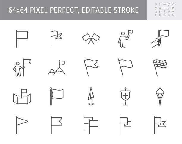 Flags line icons. Vector illustration include icon - pennant, waving banner, point on map, flagpole, navigation, challenge, pennon outline pictogram for location. 64x64 Pixel Perfect, Editable Stroke Flags line icons. Vector illustration include icon - pennant, waving banner, point on map, flagpole, navigation, challenge, pennon outline pictogram for location. 64x64 Pixel Perfect, Editable Stroke. flag stock illustrations