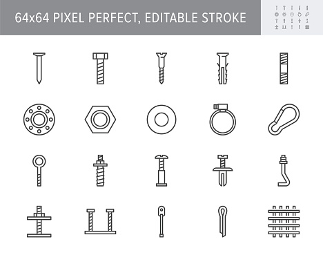 Fasteners line icons. Vector illustration include icon - clamp, plastic dowel, nail, pin, iron nut, fixture, bolt outline pictogram for coupling constructions. 64x64 Pixel Perfect, Editable Stroke.