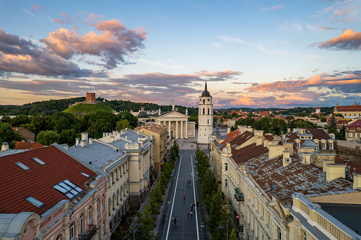 Aerial summer beautiful sunset view of Vilnius Old Town (Gediminas Avenue), Lithuania