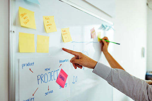 Closeup shot of an unrecognizable businessman writing notes on a whiteboard in an office