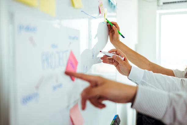 istock Businesswoman draw on board developing startup strategy 1408007043