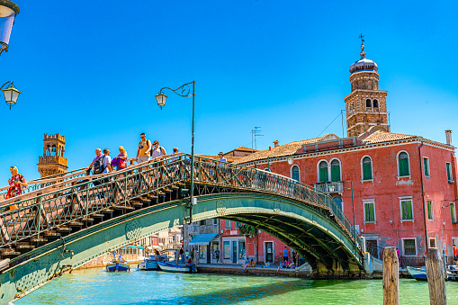 Venice, Italy. July 6-2022. View of Ponte Longo in Murano. Venice, Italy
