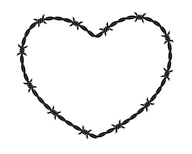 Vector illustration of Vector illustration of barbed wire heart isolated on white background. Heart shape frame from twisted barbwire. Security fence sign.