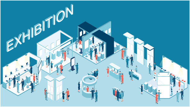 Isometric illustration of a business exhibition event full of visitors It is an isometric illustration of a business exhibition event that is full of visitors. Tradeshow stock illustrations