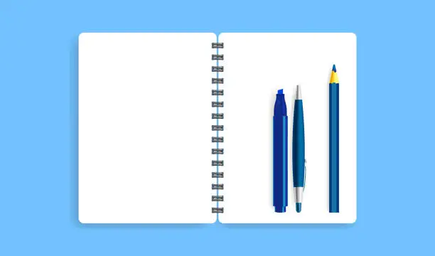 Vector illustration of Set of school supplies on spiral block note pages