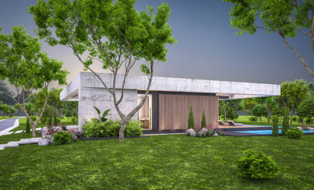 istock 3d rendering of new concrete house in modern style in evening 1408008080