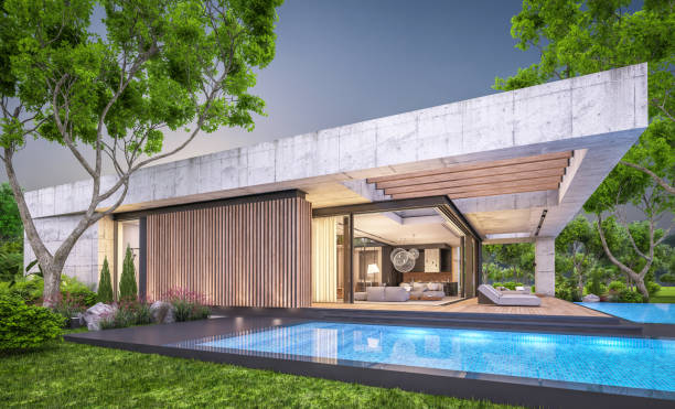 istock 3d rendering of new concrete house in modern style in evening 1408008082