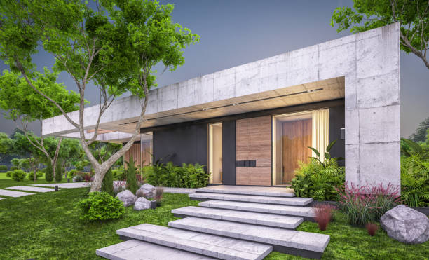 istock 3d rendering of new concrete house in modern style in evening 1408008087