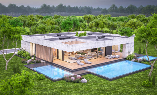 istock 3d rendering of new concrete house in modern style in evening 1408008090