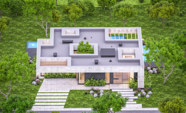 istock 3d rendering of new concrete house in modern style in evening 1408008184