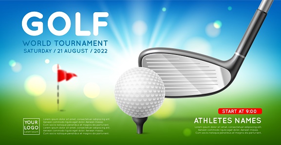 Realistic golf championship banner. Sport event, tournament horizontal poster, game invitational flyer, ball and stick, flag and hole, green field, isolated realistic elements, cutter vector concept