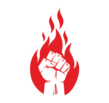 Silhouette of clenched fist of raised hand against the background of  flame. Vector on transparent background