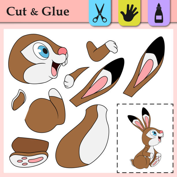 Paper game with smiling Hare. Create the applique cute Rabbit. Cut and glue. Forest animal. Education logic game for kids. Worksheet activity perfect for scissor practice, fine motor, cutting skills. Paper game with smiling Hare. Create the applique cute Rabbit. Cut and glue. Forest animal. Education logic game for kids. Worksheet activity perfect for scissor practice, fine motor, cutting skills the perfect game stock illustrations
