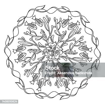 istock Sea mandala hexagonal Coloring page. Anti stress coloring book for adult and children . Monochrome Vector illustration. 1408010824