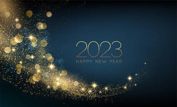 2023 New Year Abstract shiny color gold wave design element 2023 Happy New year with Abstract shiny color gold swirl design element and glitter effect on dark background. Round frame For Calendar, poster design happy new year stock illustrations