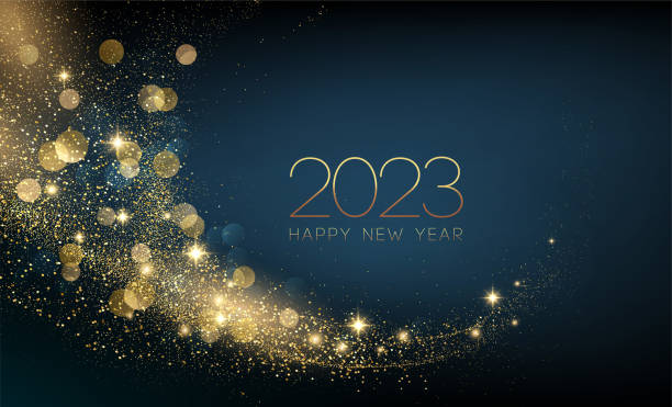 2023 New Year Abstract shiny color gold wave design element 2023 Happy New year with Abstract shiny color gold swirl design element and glitter effect on dark background. Round frame For Calendar, poster design new years eve party stock illustrations