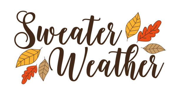 ilustraciones, imágenes clip art, dibujos animados e iconos de stock de clima de suéter - eslogan otoñal con hojas de colores - equinoccio de otoño