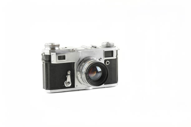 istock Old vintage rangefinder film camera on white background. 1408011831
