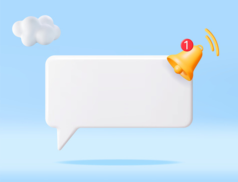 3D Notification Popup with Bell Icon. Golden Render Ringing Bell. Gold School Bell and Chat Cloud Mockup. Alert and Alarm Symbol. Social Media Network Notification Reminder. Vector Illustration