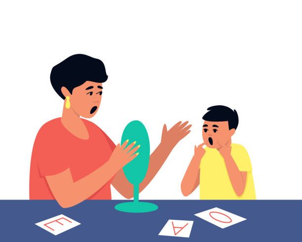logopeda zajmuje się eliminacją zaburzeń mowy u dziecka - stutter stock illustrations