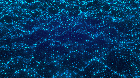 Technology and telecommunication background with connected dots on 3D wave landscape. Communication, data science, particles, digital world, virtual reality, cyberspace, metaverse concept.