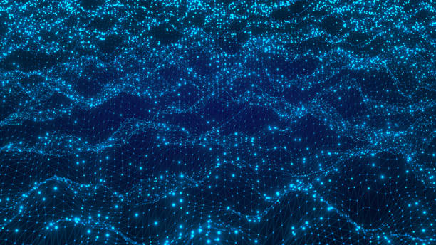 Technology and telecommunication background with connected dots on 3D wave landscape. Communication, data science, particles, digital world, virtual reality, cyberspace, metaverse concept. stock photo