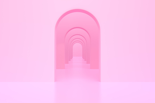 Pink arch hallway corridor, abstract background, minimal conceptual, 3D rendering Illustration