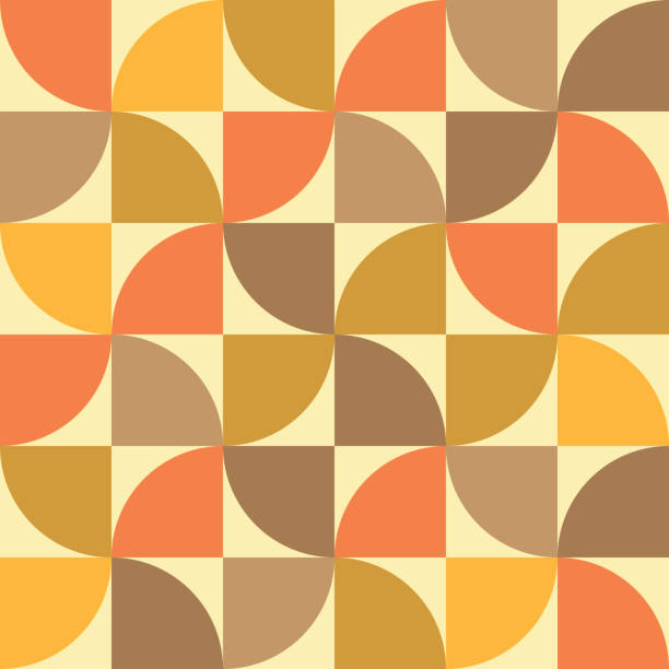 Mid century modern geometric shapes seamless pattern in orange, amber, brown on light cream background Mid century modern geometric shapes seamless pattern in orange, amber, brown on light cream background. For backgrounds, home décor, wall art, wallpaper and textile. illusion pattern circle image created 1960s stock illustrations
