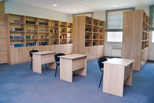 istock library at school. tables and books 1408013864