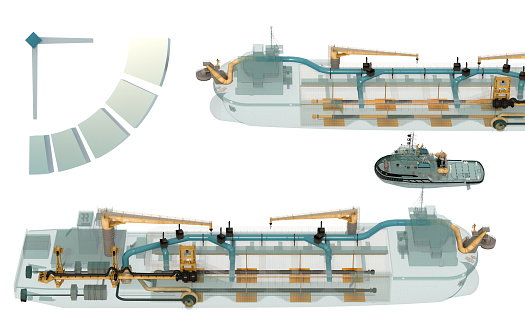 Ship rentals. Illustration of chartering with dredgers, tugboat and clock. 3d-rendering